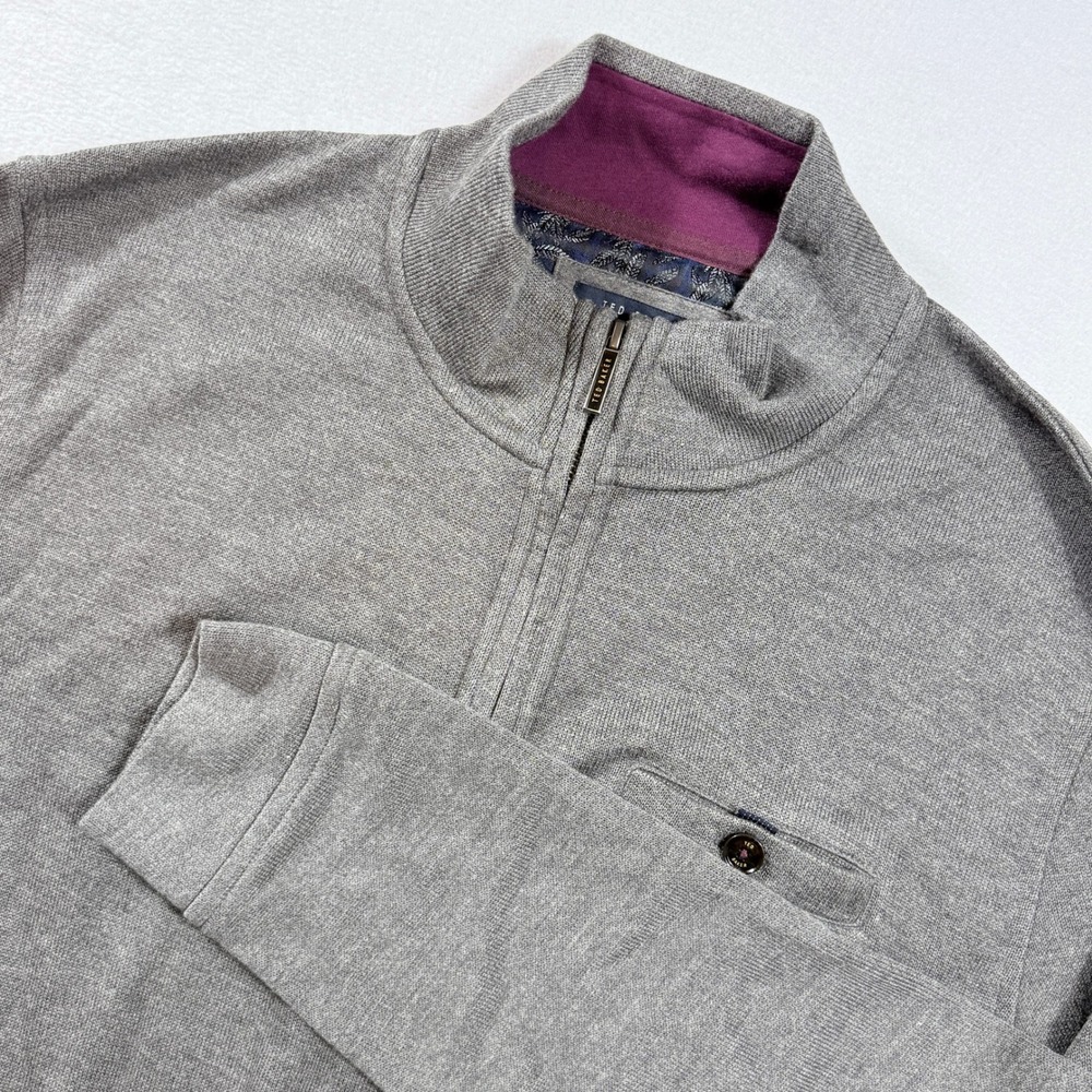 Ted Baker Quarter Zip Pullover Men 5 XL Grey Knit Mock Neck Sweater Preppy Layer